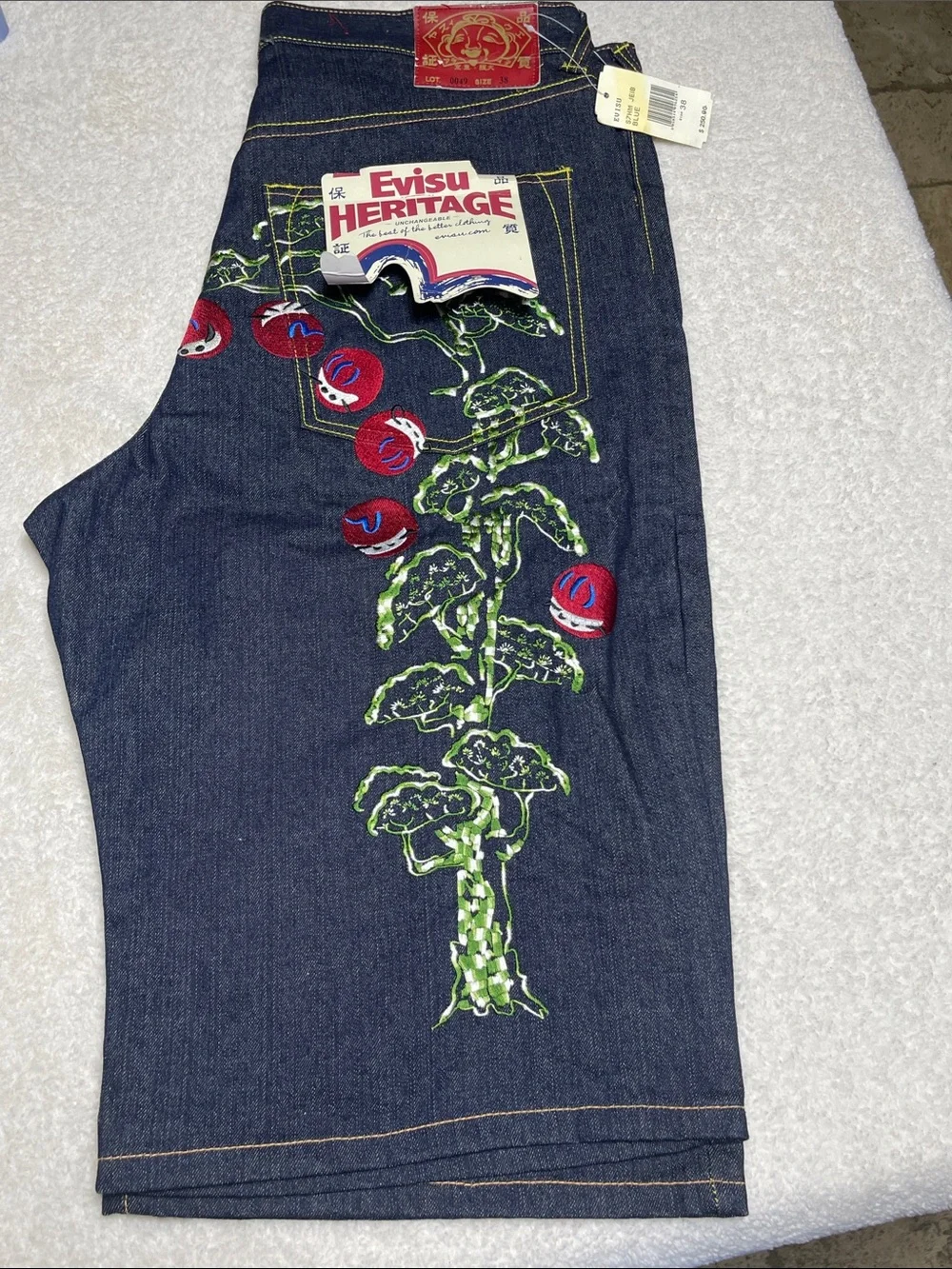 Evisu Heritage Y2K  Blue Denim Shorts With Cherry Graphic Embroidered Size 38